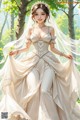 A woman in a wedding dress is standing in the woods.